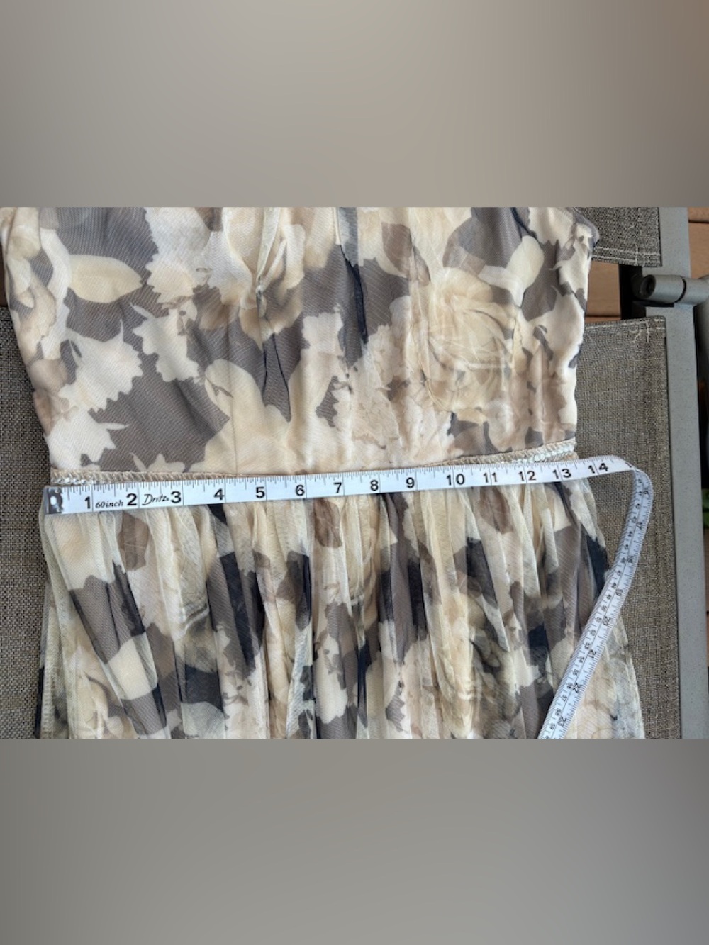NWOT Tulle Evening Dress Beige/Taupe/sepia Floral Print Sequins Detail, sz PS - Picture 7 of 16